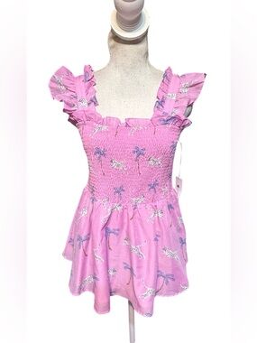 J. Marie Pink Smocked Ruffled Sleeve Top Cheetah Leopard Palm Tree Blouse L